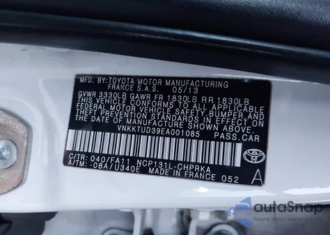 2014 Toyota Yaris Le (Tmmf Plant) from USA, damaged, VIN VNKKTUD39EA001085